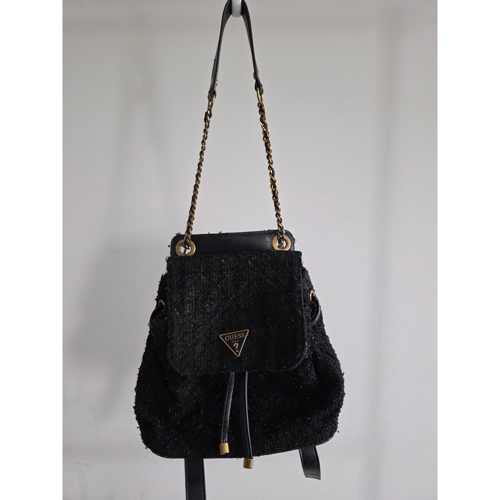 Guess Cessily Black Boucle Tweed Mini Backpack Gold Chain Logo Drawstring Bag‎